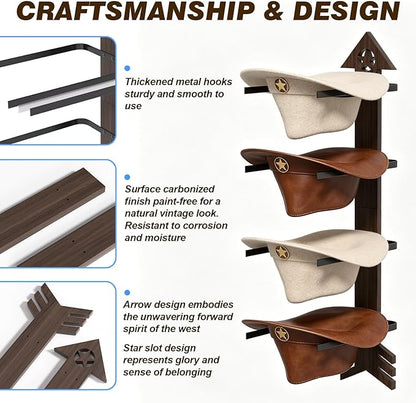 2 Pack Cowboy Hat Rack for Wall – Rustic Cowboy Hat Holder with Arrow Design and 4-Tier Hat Hooks Western Decor Hat Storage– Vintage Cowboy Hanger for Wall