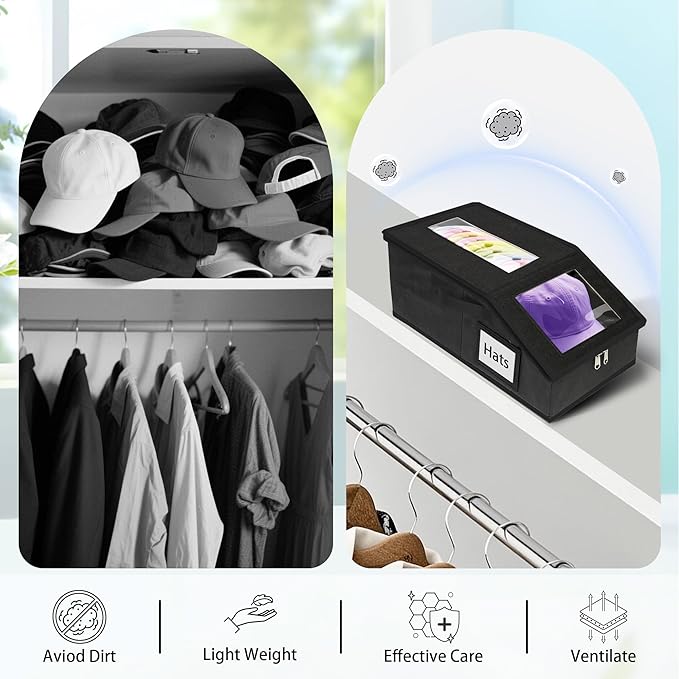 Stackable Hat Storage for Baseball Caps, 3 PCS Hat Storage Boxes for Closet, Holds up to 45 Caps with Cardboard, Hat Organizer for Women & Men(Two Clear Window)（Black）
