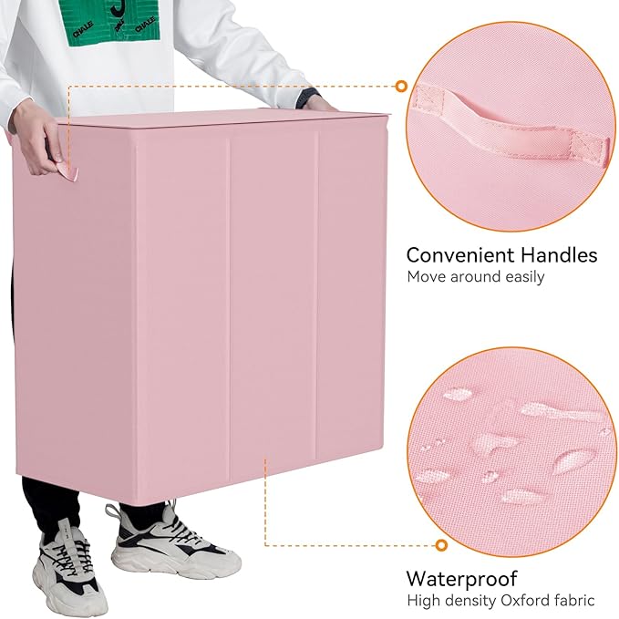WOWLIVE 180L Laundry Hamper with Lid 3 Section,Large Laundry Basket with Removable Bags and Handles,Collapsible Dirty Clothes Hampers for Laundry,Laundry Basket Organizer for Laundry Room,Dorm,Pink