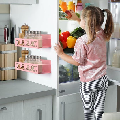 Beeveer 2 Pack Heart Magnetic Spice Rack for Refrigerator Metal Magnet Basket Shelf for Fridge Seasoning Storage Organizers Home Decor Kitchen Accessories (Pink)