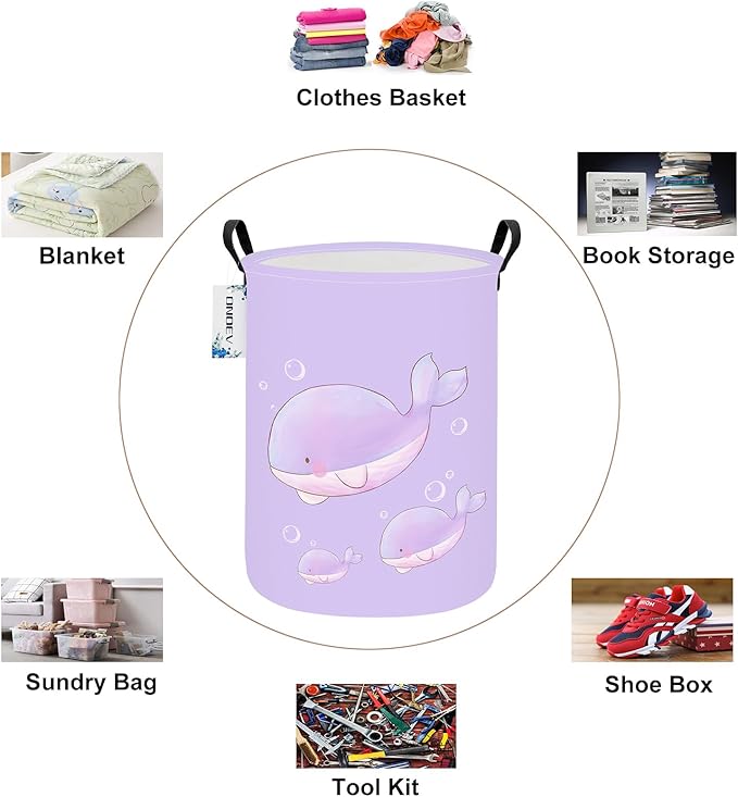 Round Cute Whale Laundry Basket,Collapsible Laundry Hamper for Nursery,Toy Storage Bin for Kids Girls,Waterproof Storage Basket for Home,Bedroom,Playroom,New Parent Gift(Purple Whale)