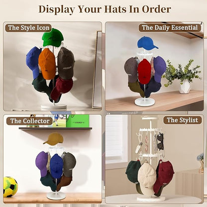 Rotating Hat Organizer for Baseball Caps, 3-Tier Merchandise Display & Tabletop Hat Organizer with Tray Holds 40+ Caps,Hat Stand for Vendor & Home Use in Bedroom, Closet, Dresser, Office