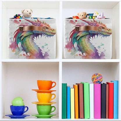 Large Storage Basket Watercolor Dragon Cube Storage Bin Canvas Fabric Organizer Handles Collapsible for Clothes Toys Bedroom Decorative