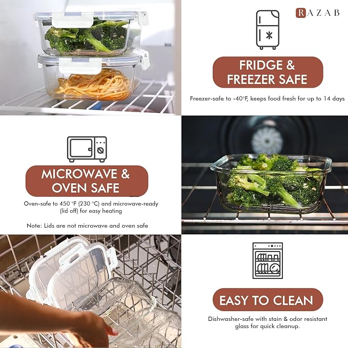Razab 2 PC 1200ML / 41 Oz Glass Food Storage Containers with Lids - Airtight & Leakproof - Microwave/Oven/Freezer Safe - BPA Free - Ideal for Meal Prep, Storing Leftover & Lunch