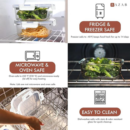 Razab 2 PC 1200ML / 41 Oz Glass Food Storage Containers with Lids - Airtight & Leakproof - Microwave/Oven/Freezer Safe - BPA Free - Ideal for Meal Prep, Storing Leftover & Lunch