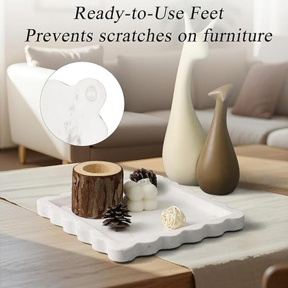 Square Marble Vanity Tray with Scalloped Edge - Natural Marble Perfume Tray Decor for Dresser, Vanity, Kitchen, Home Decor, Decorative Square Stone Tray - White 8 * 8 inch