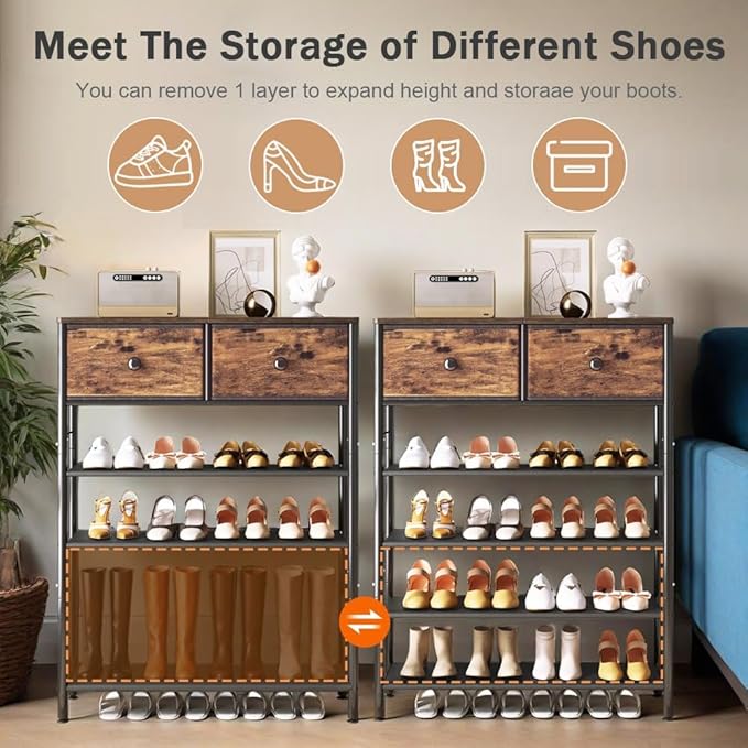INGIORDAR Shoe Rack Organizer 5 Tier Metal Organizer Shelf with Industrial MDF Board and Layer Fabric for Entryway Closet Bedroom Living Room Garage (Black+Rustic Brown, 5 Tier with 2 Drawers)