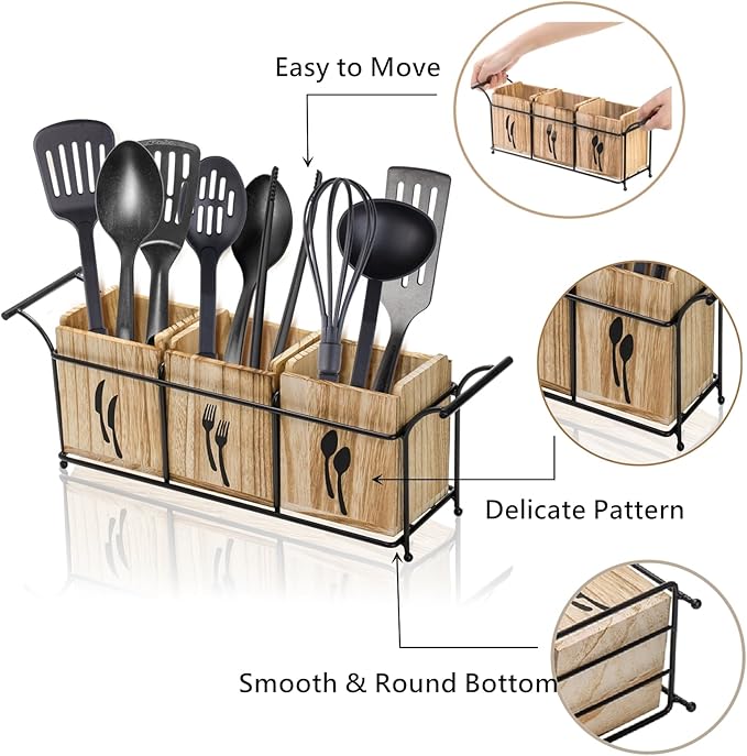 Tebery Wooden Utensil Holder for Party, Large Countertop Flatware Cutlery Caddy with Handle, 3 Detachable Compartment Silverware Cooking Organizer with Metal Tray for Fork, Spoon, Knives