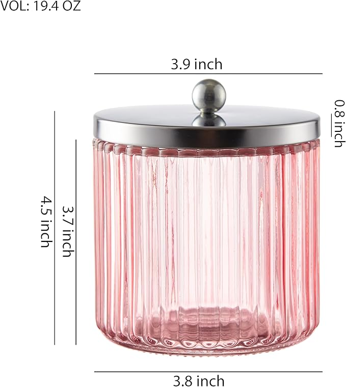 KMwares 2-Pack Pink Glass Bathroom Canister Set with Silver Metal Lids – Stylish, Airtight Storage for Cotton Balls, Swabs, Pads, and Floss Picks