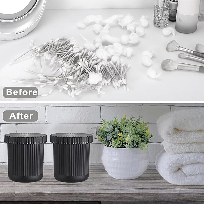 2 Pack Glass Qtip Holder with Lid, Qtip Dispenser Bathroom Storage Jars- Glass Apothecary Jars for Cotton Ball, Swab, Pads, Floss Picks, Bathroom Accessories Organization and Vanity Organizer(Black)