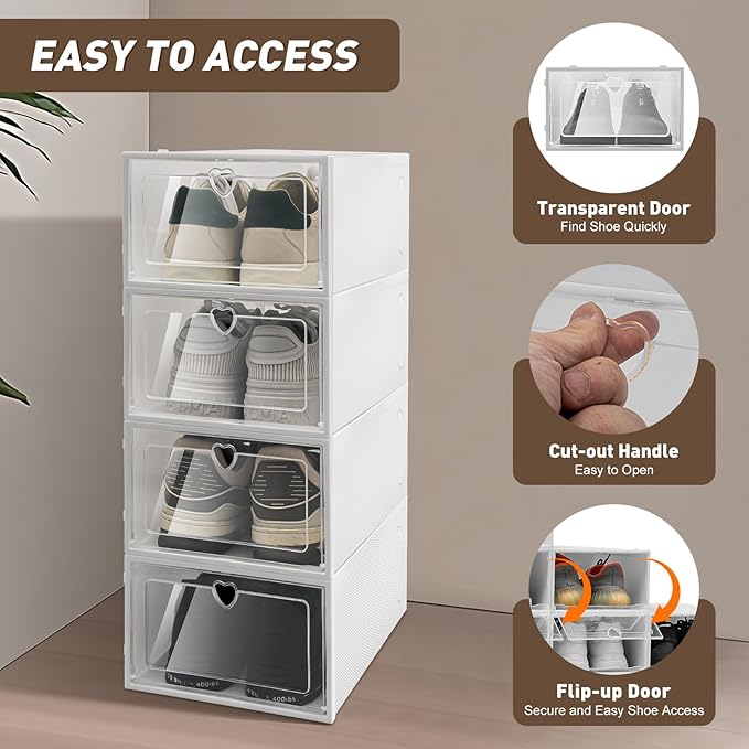 Shoe Organizer Storage Boxes for Closet, 20 Pack Large Boxes Clear Plastic Shoe Storage Display Containers Racks for Storing Sports, White With Lids 13.0 x 9.1x 5.5 inch