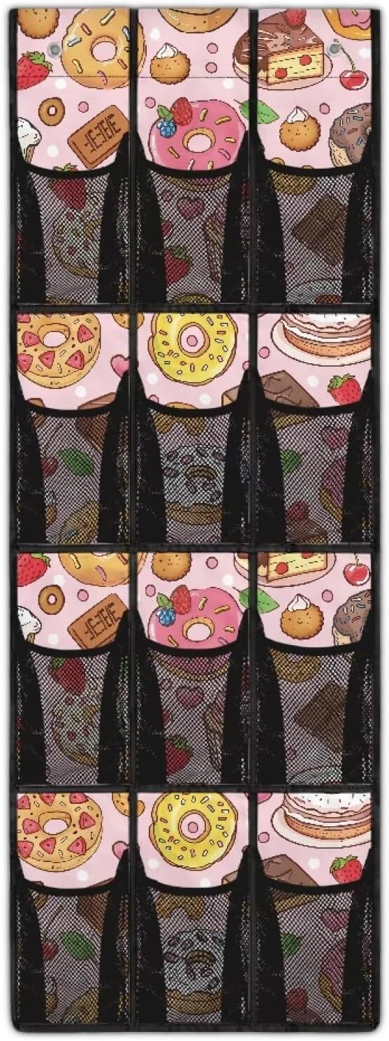 Desserts Door Hanging Shoe Organizer 12 Pockets Cookies Door Hanger Organizer for Bathroom Large Capacity Shoe Holder Hanger Pink Wall Hanging Storage