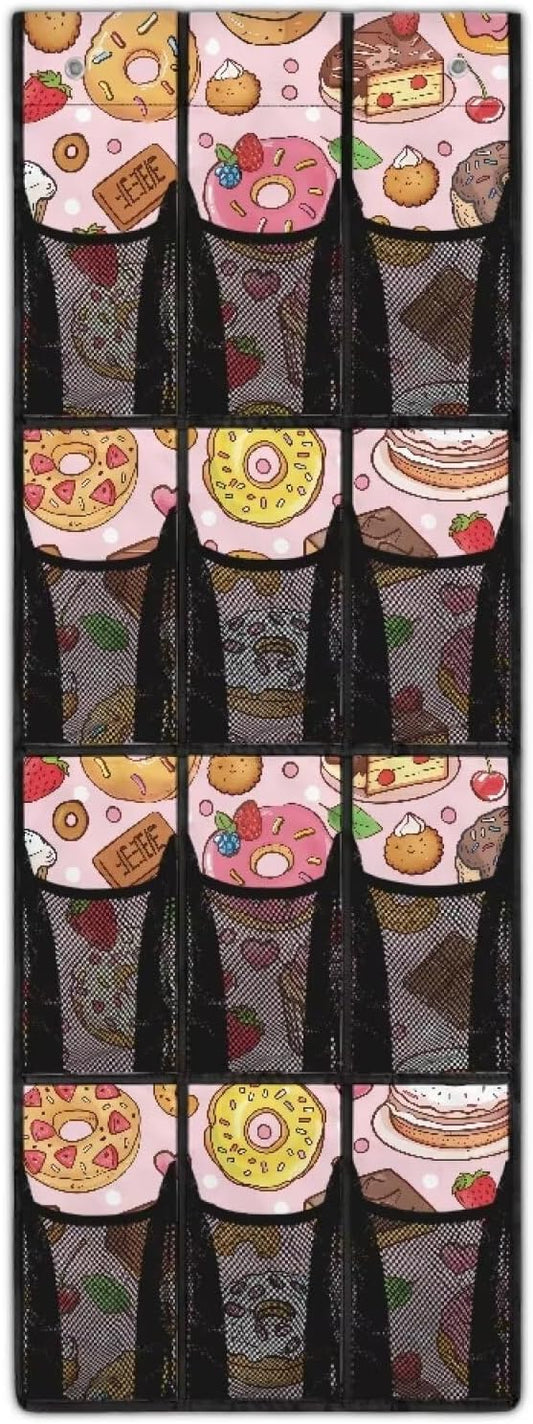 Desserts Door Hanging Shoe Organizer 12 Pockets Cookies Door Hanger Organizer for Bathroom Large Capacity Shoe Holder Hanger Pink Wall Hanging Storage