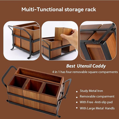 Silverware Caddy Acacia Wood Silverware holder for Party Utensil Caddy with Metal Handle Paper Plate Organizer Cutlery Holder Flatware Organizer for Spoons Forks Napkins