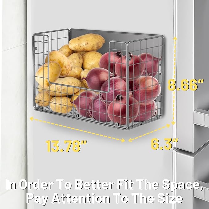 Ofiray-home Magnetic Fridge Shelf, Fruit Potato & Onion Storage Bins, Pantry Organizers, Large Container Basket for Refrigerator, Kitchen Counter, Cabinet (2, Silver)