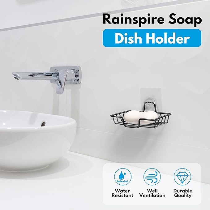 Rainspire Bar Soap Holder for Shower, 304 Stainless Steel Rustproof, Wall Adhesive, Soap Tray Bar Soap Sponge Holder for Bathroom & Kitchen, Square, Black