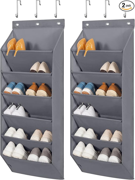 STORAGE MANIAC 2 Pack Over Door Shoe Organizers 6-Tier Large Pockets Hanging Organizers Shoes Rack Doors Closet Shoe Organizer Wall, Dorm & Narrow Doors Storage Shoe Holder Over Door Organizer Grey
