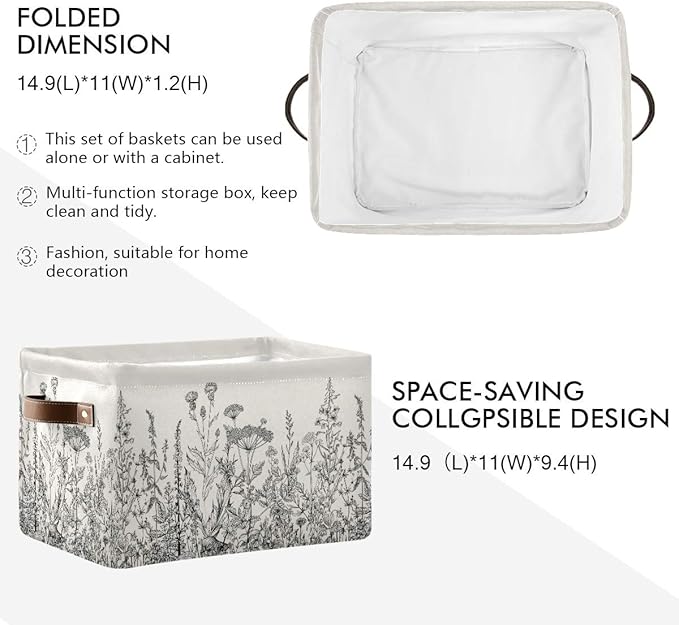 Black and White Flowers Storage Baskets,Decorative Collapsible Rectangular Canvas Fabric Storage Bin for Home, 2PACK