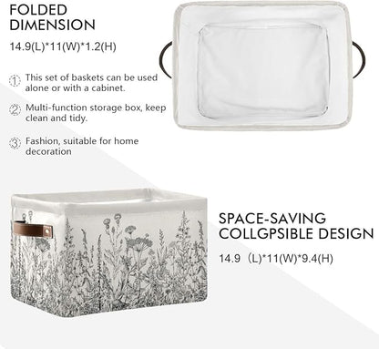Black and White Flowers Storage Baskets,Decorative Collapsible Rectangular Canvas Fabric Storage Bin for Home, 2PACK