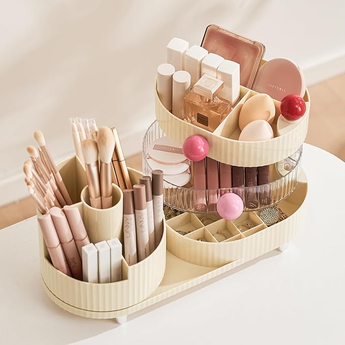 Makeup Organizer Countertop for Vanity with 360° Rotating Brush Holder, 3 Layer Cosmetic and Jewelry Storage, Makeup Display Case for Skincare&Perfume (Cream White)