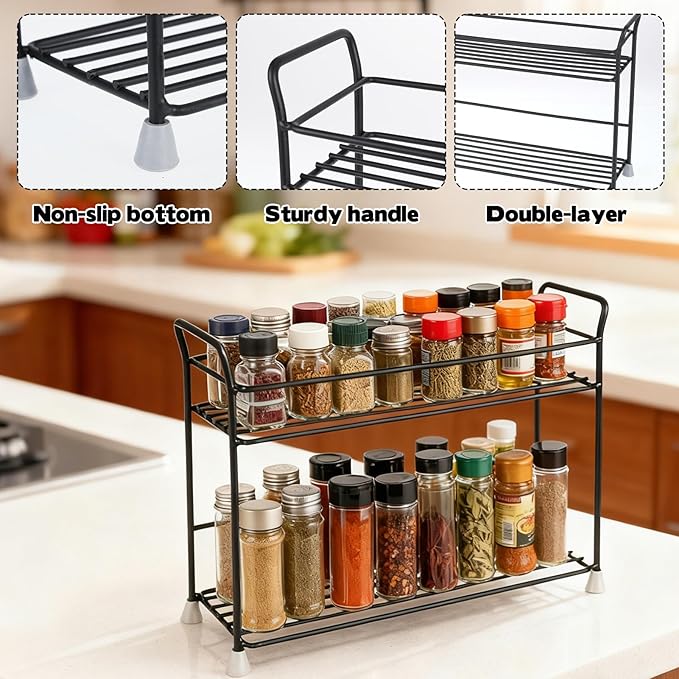 FMOACEN 2 Tier Spice Rack Organizer for Countertop Sturdy Metal Standing Spice Storage Shelf Rack Seasoning Organizer Holder for Home Kitchen Cabinet Bathroom Bedroom Pantry Vanity Black