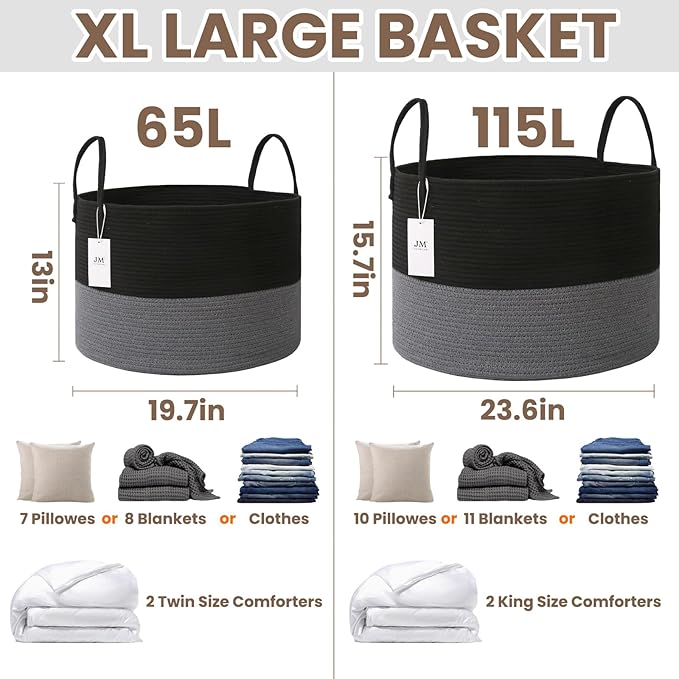 JMvicyroam 65L Extra Large Blanket Basket for Living Room - Woven Cotton Rope Laundry Hamper with Reinforced Handles - Storage Bin for Pillows, Comforters & Toys - Machine Washable,Black&Grey