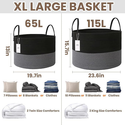JMvicyroam 115L Extra Large Blanket Basket for Living Room - Woven Cotton Rope Laundry Hamper with Reinforced Handles - Storage Bin for Pillows, Comforters & Toys - Machine Washable, Black&Grey