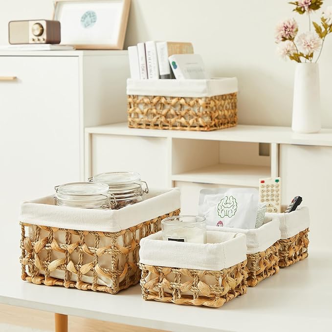 Vagusicc Wicker Storage Basket, Rectangular Wicker Baskets for Storage, Woven, Water Hyacinth and Seagrass Storage Baskets for Organizing, Cube Storage Bins for Closet/Clothes/Dresser, Beige, 5-Pack