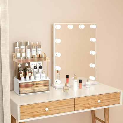 Bathroom Counter Organizer with 2-Drawer, 3 Tier Makeup Organizer Countertop, Multi-Purpose Makeup Skin Care Organizer for Vanity, Amber