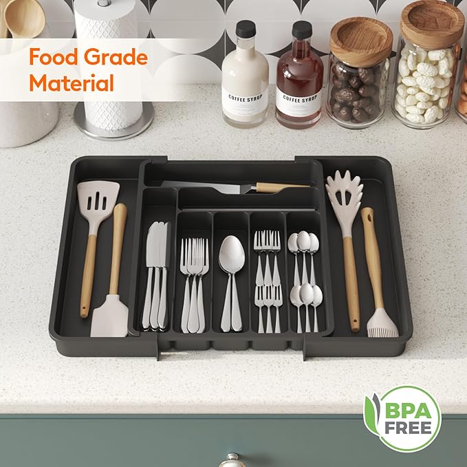 Lifewit Utensil Organizer for Kitchen Drawer, Expandable Cooking Silverware Tray, Adjustable Cutlery Flatware Holder, Plastic Spatula Tools Storage Divider, 11.8-19.6 x 15", Black