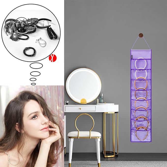 Wall Hanging Headband Organizer Ribbon Hair Hoops Storage Hairbands Hair Accessory Holder with Clear Pockets (PURPLE-8 POCKETS -2 Pack)