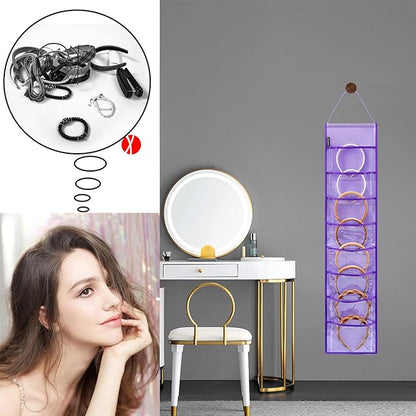 Wall Hanging Headband Organizer Ribbon Hair Hoops Storage Hairbands Hair Accessory Holder with Clear Pockets (PURPLE-8 POCKETS -2 Pack)