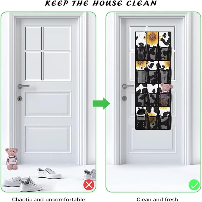 Cow Print Sunflower Over The Door Hanging Storage Pockets Space Saving Door Storage Organizer with 12 Breathable Pockets for Bedroom Bathroom
