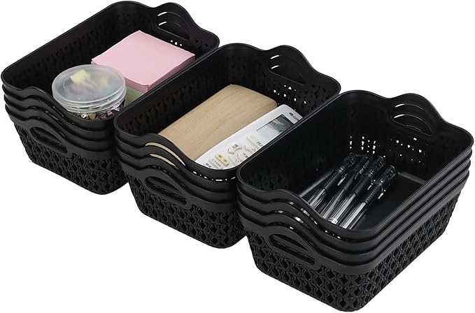 Small Plastic Desktop Storage Basket Tray, Black, 12 Packs