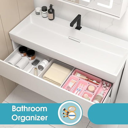6 PCS Drawer Organizer Set, 3 Size Makeup Drawer Divider Organizer With Non-Slip Pads, Interlocking Plastic Storage Bins for Office,Jewelry Vanity,Gadgets, Bathroom,Kitchen, Pink