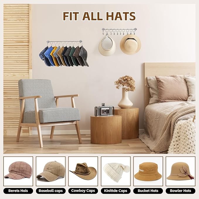 Hat Rack Wall Cap Organizer - Baseball Hat Racks Display Holder with 40 Hooks - Modern Metal Black Hats Storage Wall Mounted Caps Hanger Set of 4 for Closet Door Bedroom Entryway Laundry(Grey)