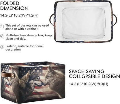 Large Storage Basket Wolf Usa Flag Storage Bin Cube Canvas Fabric Organizer Handles Collapsible for Clothes Toys Bedroom Decorative
