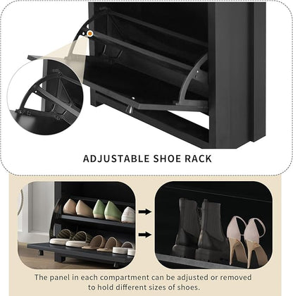 Modern Shoe Cabinet with 2 Flip Doors and 1 Storage Drawer Free-Standing Wooden Shoe Rack Shoe Storage Organizer for Entryway Hallway Small Space(Black&Natural)