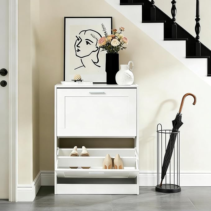 Haotian Shoe Cabinet Storage for Entryway, Narrow Shoe Cabinet with Two Flip Drawers to Save Space, Shoe Rack Cabinet for Front Door Entrance Hallway (White)