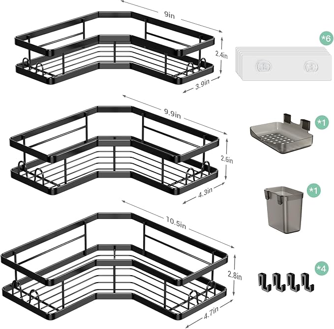 AKTECKE Corner Shower Caddy Bathroom Organizer: Stainless Steel Adhesive Shower Rack - 3Pack No Drilling Shower Shelf - Rustproof Bathtub Organizer
