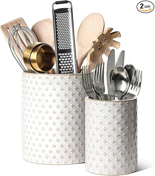 LE TAUCI Utensil Holder for Kitchen Counter - 7.1"+5.4" Ceramic Kitchen Utensil Holder Set of 2, Large Cooking Utensil Crock & Organizer for Spatula, Spoon - Embossed Kitchen Decor, White,Clover