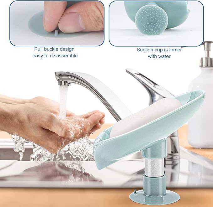 2Pack Soap Holder Leaf-Shape - Self Draining Soap Dish Holder, Not Punched Easy Clean Bar Soap Holder, with Suction Cup Soap Dish Suitable for Shower, Bathroom, Kitchen Sink (Grey + Green)