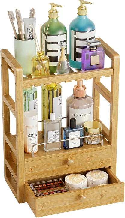 AmazerBath Bamboo Bathroom Countertop Organizer, 2-Tier Makeup Organizer with 2 Drawers, Vanity Organizer Storage Coffee Matcha Station, Compact Shelf for Bathroom Kitchen Office