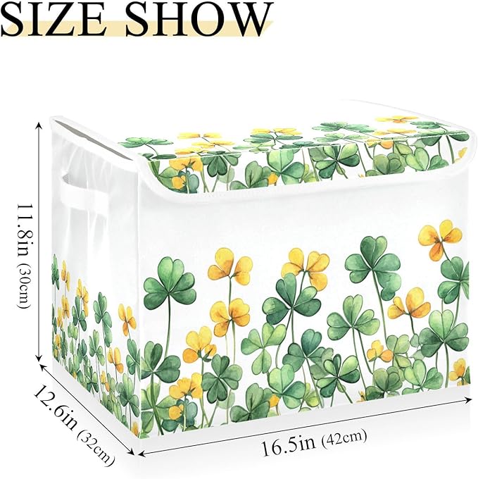 senya St. Patrick's Day Baskets Collapsible Storage Bins with Lids, Border Of Green Clover Yellow Flowers Storage Boxes Clothes Baskets for Organizing
