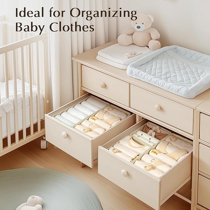 DIMJ Drawer Organizers Clothes, Set of 10 Dresser Organizer Bins, Fabric Closet Organizers and Storage, Shallow Drawer Dividers for Nursery, Clothing, Baby Clothes, Socks, Underwears, Tie (Beige)