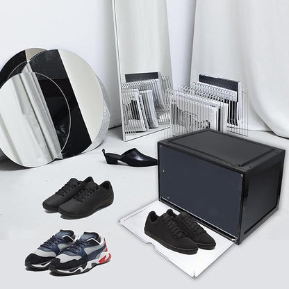 SOLUSTRE Basketball Shoes Storage Box with Magnetic Side Opening Black Plastic Shoe Organizer Container Dustproof and Moisture Resistant for Sneakers and Athletic Footwear