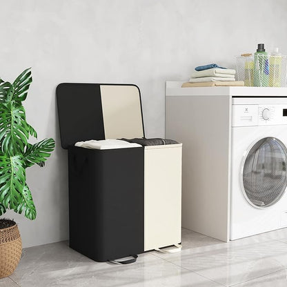 Lifewit Double Laundry Hamper with Lid and Removable Laundry Bags, Large Collapsible 2 Dividers Dirty Clothes Basket with Handles for Bedroom Laundry Room Closet Bathroom College, 136L White&Black