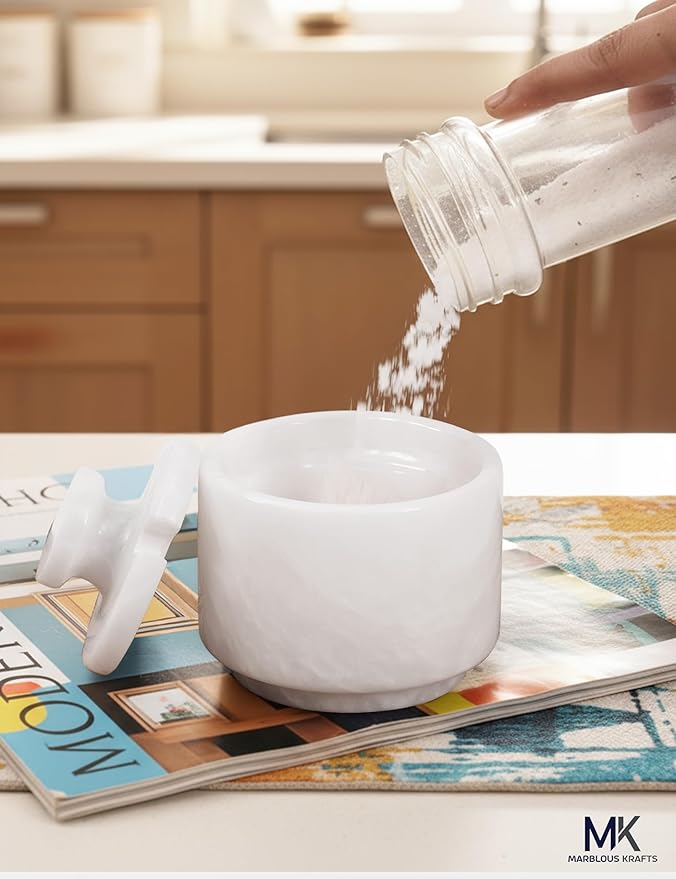 MARBLOUS KRAFTS Marble Salt Cellar with Lid & Spoon 3" White Small Flaky Salt Container, Seasoning Jar, Spice Storage Countertop, Ideal For Salt Box, Sugar Jar Kitchen Décor, Gift for Mom