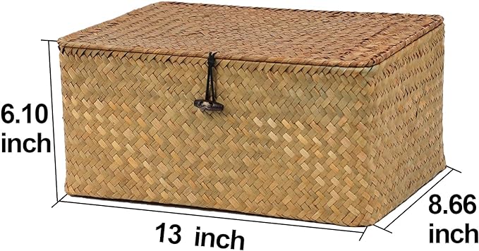 Wicker Storage Basket with Lid, Natural Seagrass Woven Shelf Basket for Storage, Rectangular Decorative Storage Bins Boxes Home Organizer Decor (Natural, Medium)