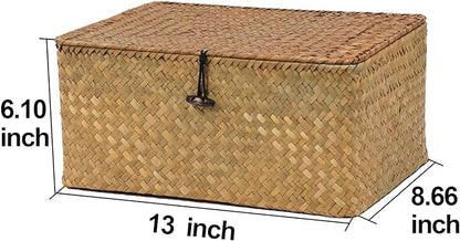 Wicker Storage Basket with Lid, Natural Seagrass Woven Shelf Basket for Storage, Rectangular Decorative Storage Bins Boxes Home Organizer Decor (Natural, Medium)